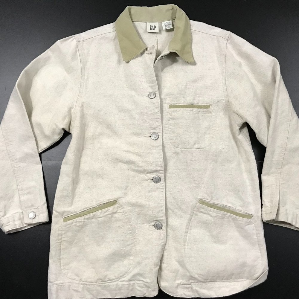 GAP VTG SAFARI COTTON/LINEN LEATHER DETAIL JACKET